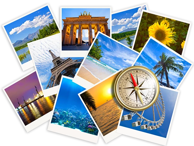 Traveling photos collage with gold compass isolated on white